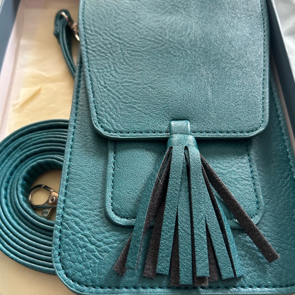 K Carroll like new teal vegan leather crossbody with tassel